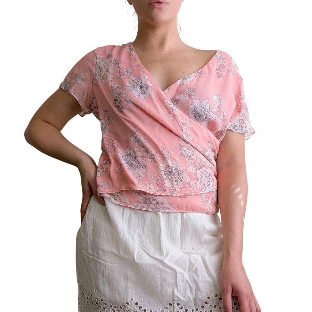 Vintage 90s Whimsy Boho Pink Floral Plunging Draping Silk Blouse